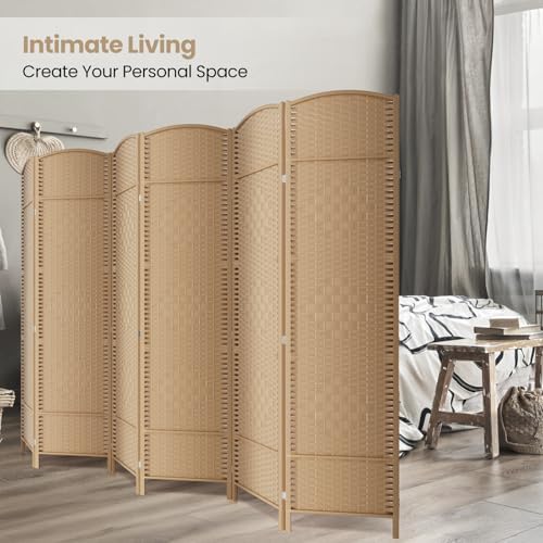 6 Panel Folding Room Divider, Woven Privacy Screen, Light Beige - Image 4