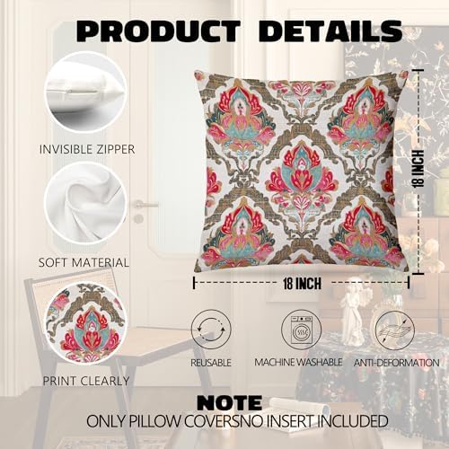 Boho Vintage Damask Floral Pillow Covers 18x18 Set of 2, Ethnic Indian Block - Image 6