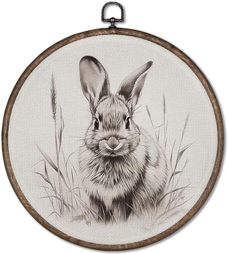 GWFSJYU Vintage Bunny Rabbit Framed Wall Art, Easter Farmhouse Bunnies Round by Unknown