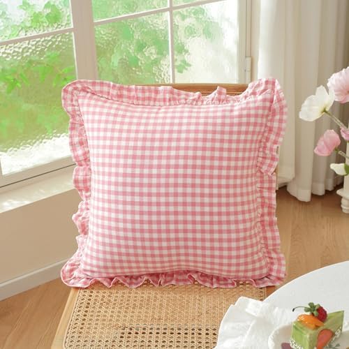 Set of 2 Light Pink and White Ruffled Throw Pillow Covers 18x18 Inch, Gingham - Image 2