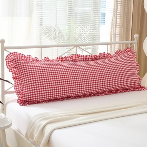 Red White Gingham Ruffle Body Pillow Cover 20"x54" by KMASANIJI