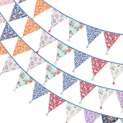 G2PLUS 10.8Ft Cotton Triangle Bunting Banner – 12pcs Multicolor Floral Fabric by G2PLUS