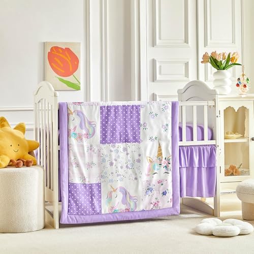 Patchwork Crib Bedding Set Unicorn Plaid Floral Design 3 Pieces Baby Girl Cute - Image 3