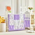 Patchwork Crib Bedding Set Unicorn Plaid Floral Design 3 Pieces Baby Girl Cute - Image 3