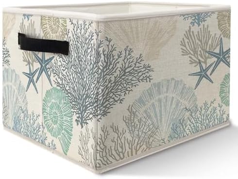 Coastal Beach Storage Bins Basket, Beach Room Decor, Coastal Coral Starfish by Likjadjustfollowme