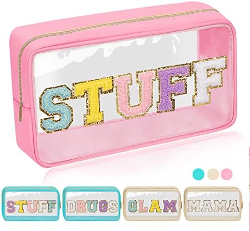 Iqimott Clear Patch Makeup Bag Stuff Pouch, Preppy Personalized Chenille Letter by Iqimott