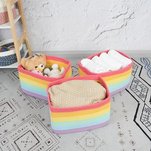 XUANGUO Woven Cotton Rope Storage Baskets 15x10x9.3" 3 Pack Rainbow - Image 6