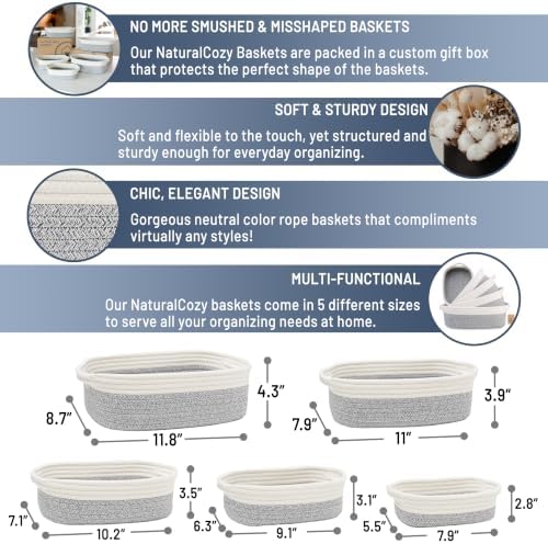 NaturalCozy 5-Piece Rectangle Storage Basket Set- Natural Cotton Rope Woven - Image 2