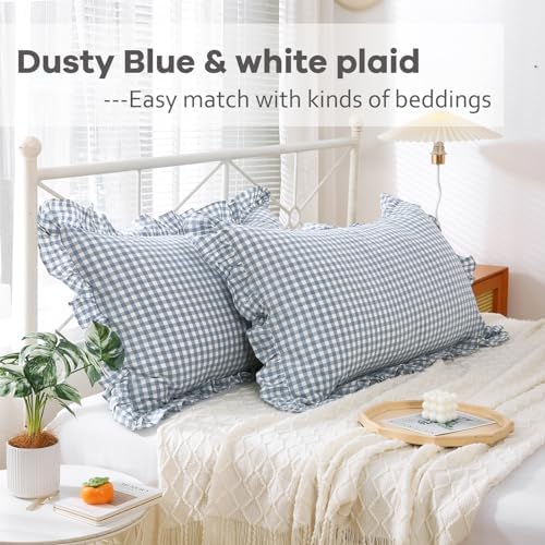 2 Pack Dust Blue Gingham Ruffle Standard Pillow Shams 20"x26" - Image 4