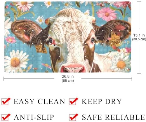 Bathtub Mat Non Slip 26.8x15.1 Inch, Cow Daisies Flower Shower Mat - Image 4