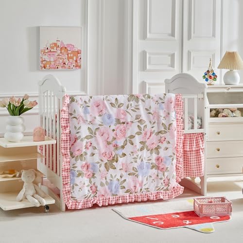 3 Pieces Pink Blue Rose Flowers Mini Crib Bedding Set Baby Ruffled Quilted - Image 2