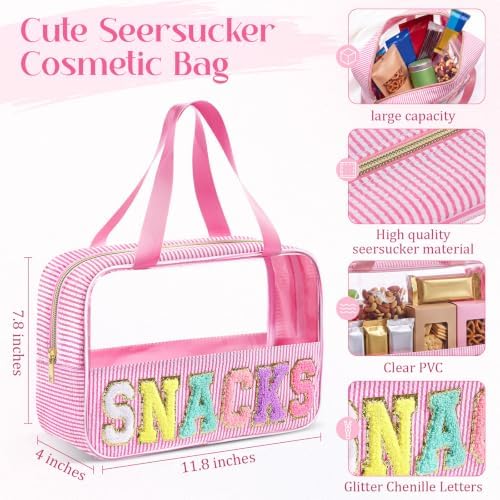 Sanwuta 6 Pcs Seersucker Snacks Bag Chenille Letter Clear Makeup Bag - Image 2