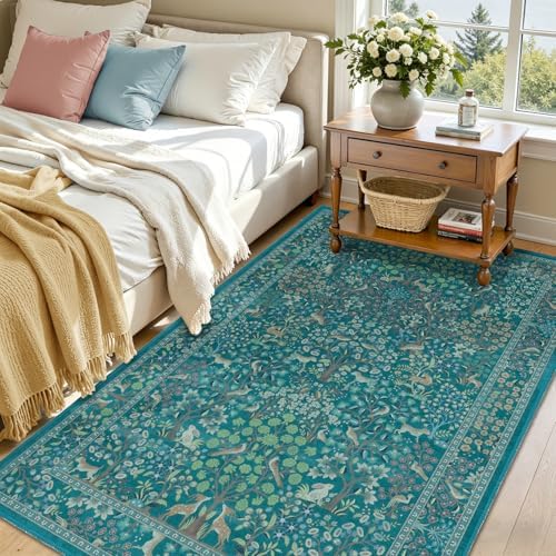 Teal 4x6 Throw Rugs for Small Living Room, Whimsical Tree of Life Floral Animal - Image 3