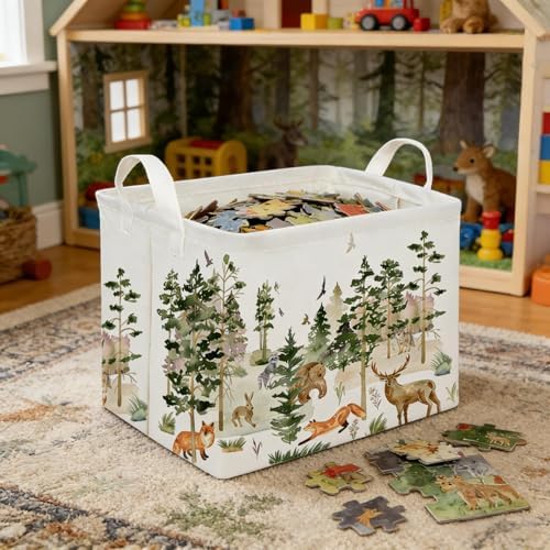 Rectangular Woodland Animal Basket Storage Basket, Bear Fox Gift Box Bin Shelf - Image 5