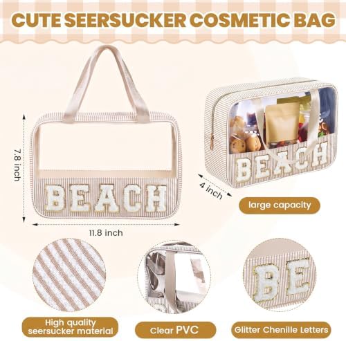 Sanwuta Seersucker Beach Bag Chenille Letter Clear Sunscreen Makeup Bag - Image 2