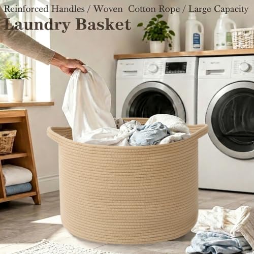 65L Large Blanket Basket, Woven Rope Laundry Basket-Camel - Image 5