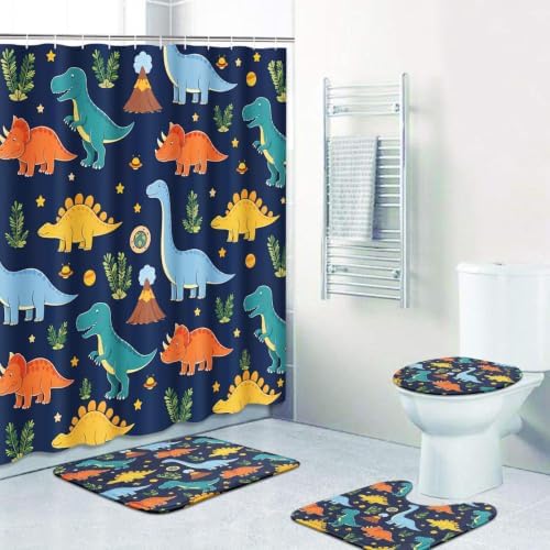 Britimes Bathroom Sets with Shower Curtain and Rugs Set of 4, Dinosaur Navy by Britimes