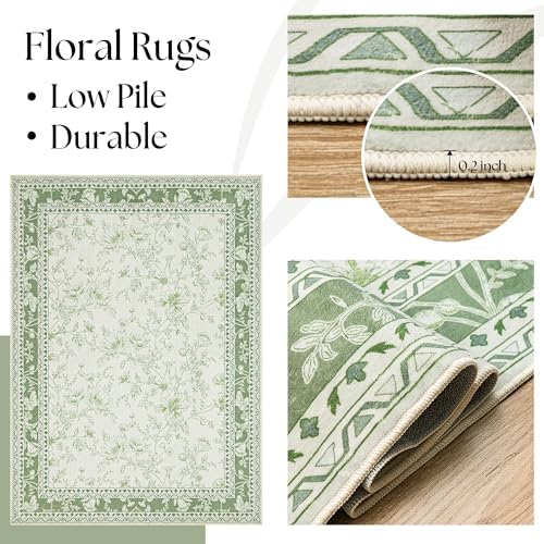 Sage Green Area Rugs 10x12 Boho Washable Soft Floral Rug - Image 5