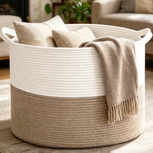 Large Woven Blanket Basket, 65L Cotton Rope Laundry Basket by HZFTJOY