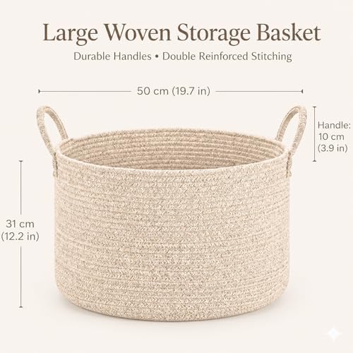 Extra Large Woven Throw Blanket Basket, 20 x 12 in, Natural Beige - Image 7