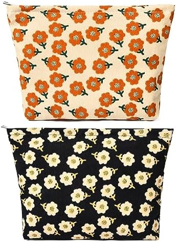 SOIDRAM 2 Pieces Flower Makeup Bag Large Corduroy Cosmetic Bag Capacity Canvas by SOIDRAM