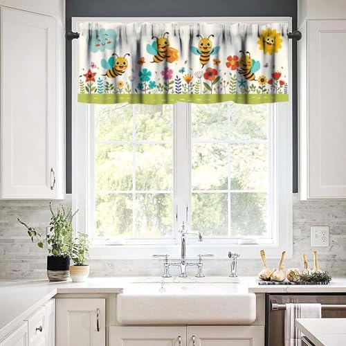 Cartoon Animal Valances Kids Curtains, Cute Bee Sun Flower Printed Rod Pocket - Image 6