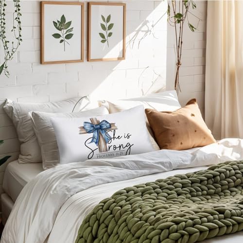 Coquette Blue Bow Cross Christian 12x20 Pillow Cover, Christian Home Decor - Image 2