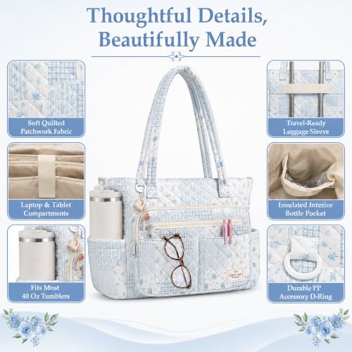 WOBAGMEN Teacher Tote Bag for Women, Quilted Floral Laptop Work Tote - Image 5