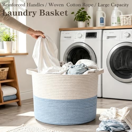 115L Extra Large Woven Blanket Basket, Laundry Hamper-White&Blue - Image 5