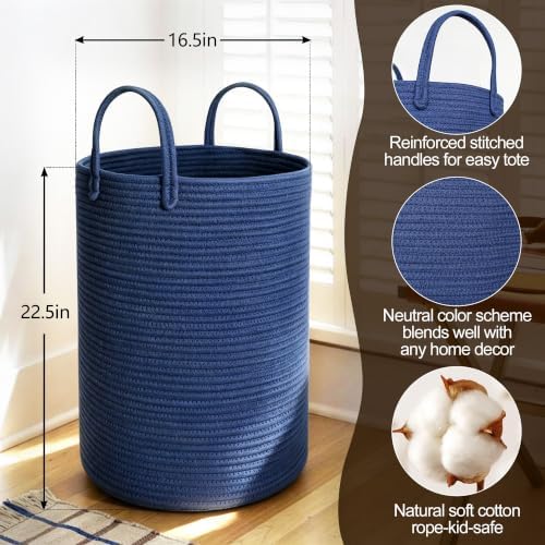 MEGASKET Large Blue Laundry Basket, 80L Tall Blanket Basket Living Room - Image 2