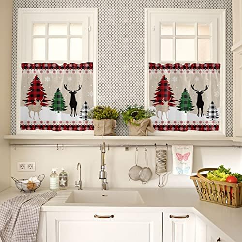 Farmhouse Christmas Kitchen Curtains and Valances Set, Rustic Plaid XMAS Tree - Image 4