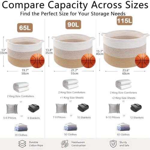 65L Large Blanket Basket, Cotton Rope Woven Laundry Basket-Yellow - Image 2