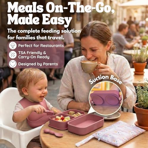 Baby Travel Feeding Set with Silicone Suction Plates, Dark Pink Small - Image 2