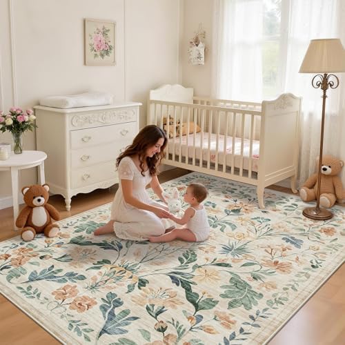 5x7 Area Rugs Boho Floral Washable Living Room Rug Neutral Carpet Nursery - Image 3