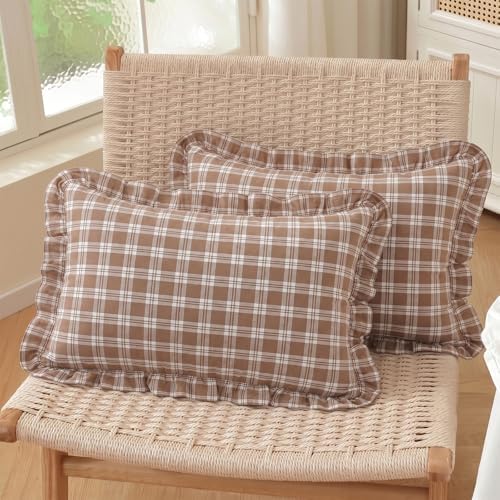 Set of 2 Ruffle Plaid Lumbar Pillow Covers 12x20 Inch Cotton Brown and White by HOSTECCO