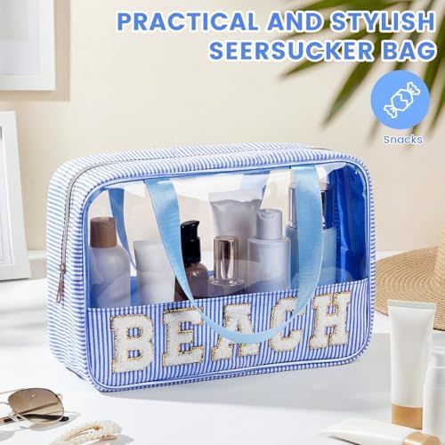 Sanwuta Seersucker Beach Bag Chenille Letter Clear Sunscreen Makeup Bag - Image 5