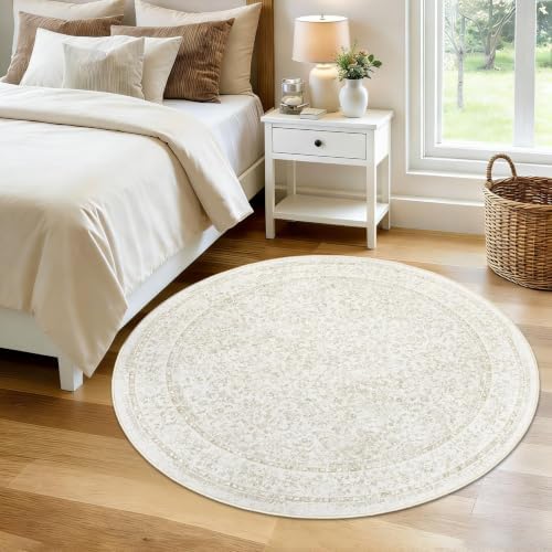 Round Rugs 4ft Vintage Floral Small Circle Rug, Washable Non Slip Soft Low Pile - Image 2