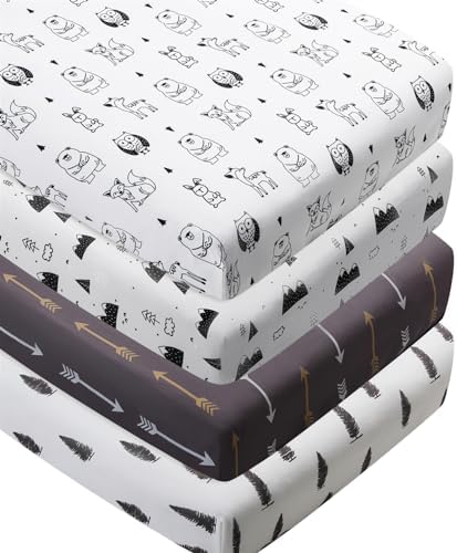 4 Pack Woodland Forest Animals Wood Neutral Unisex Fitted Baby Crib Sheets Set by Jola%27s+House