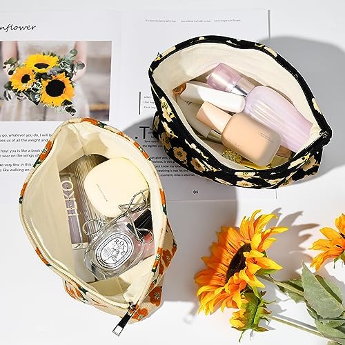 SOIDRAM 2 Pieces Flower Makeup Bag Large Corduroy Cosmetic Bag Capacity Canvas - Image 4