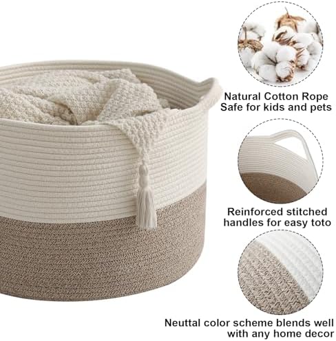 90L Woven Blanket Basket, Extra Large Laundry Basket-White & Brown - Image 3
