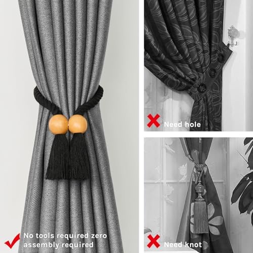 NICEEC 2 Pack Wooden Ball Magnetic Curtain Tiebacks Boho Home Decor Drape Tie - Image 2