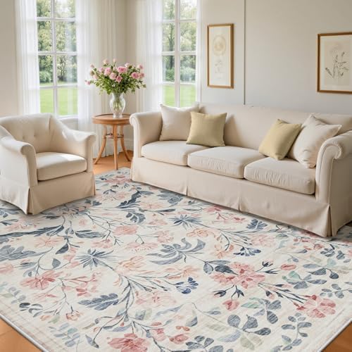 9x12 Area Rugs Boho Floral Washable Living Room Rug Neutral Carpet Bedroom - Image 2