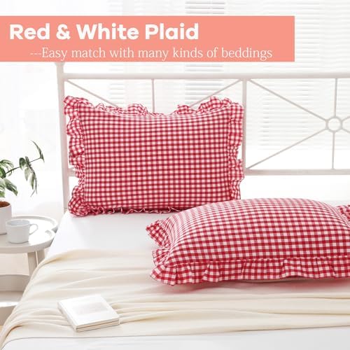 2 Pack Red White Gingham Ruffle Pillow Shams King Size 20"x36" - Image 3