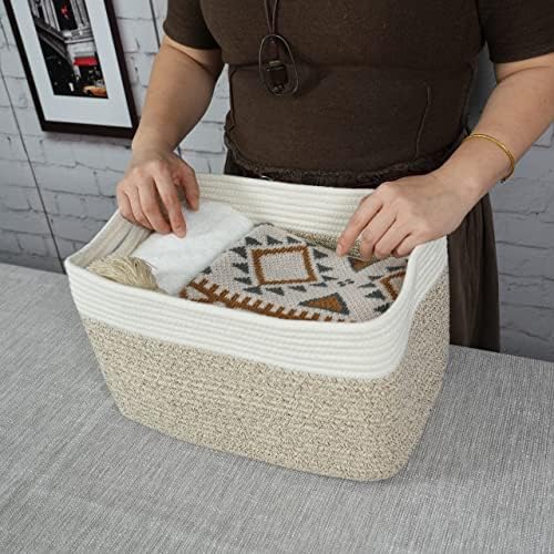 XUANGUO Woven Cotton Rope Storage Baskets 15x10x9.3" 3 Pack White and Brown - Image 3