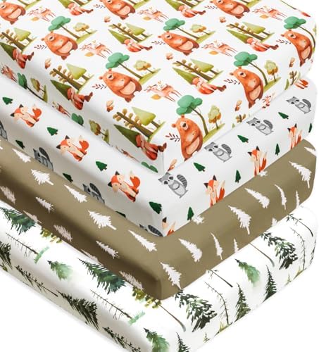 4 Pack Woodland Forest Animals Wood Neutral Unisex Fitted Baby Crib Sheets Set by Jola%27s+House