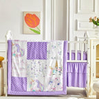 Patchwork Crib Bedding Set Unicorn Plaid Floral Design 3 Pieces Baby Girl Cute by Uozzi+Bedding