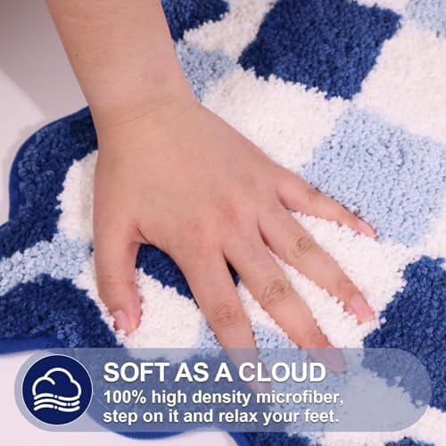 ORTIGIA Cute Blue Checkered Scalloped Bath Mat, Fun Plush Microfiber Bathroom - Image 3