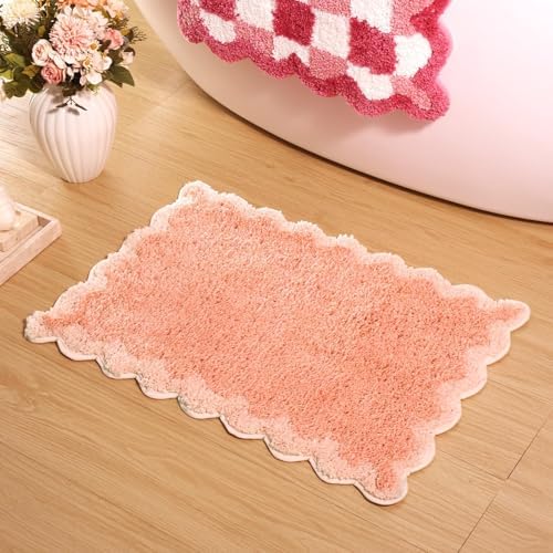 ORTIGIA Cute Coral Pink Scalloped Bath Mat, Fun Plush Microfiber Scallop by ORTIGIA