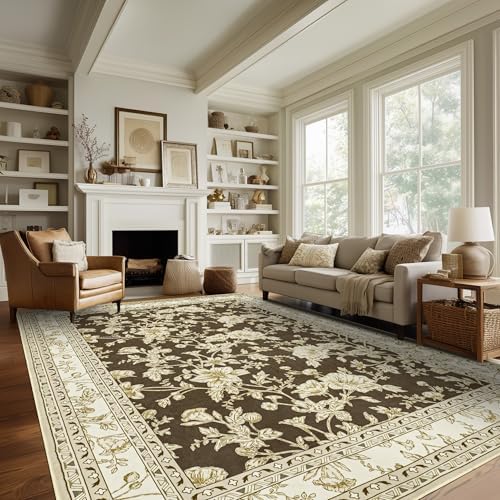 9 x 12 Rug Washable Peony Flower Pattern Brown Large Rugs - Image 6