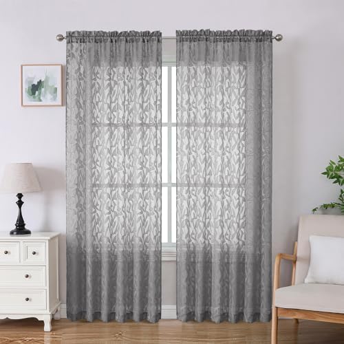 Lecloud Leia Charcoal Grey Sheer Curtains 84 Inches Long 2 Panels, Airy Leaf by Lecloud